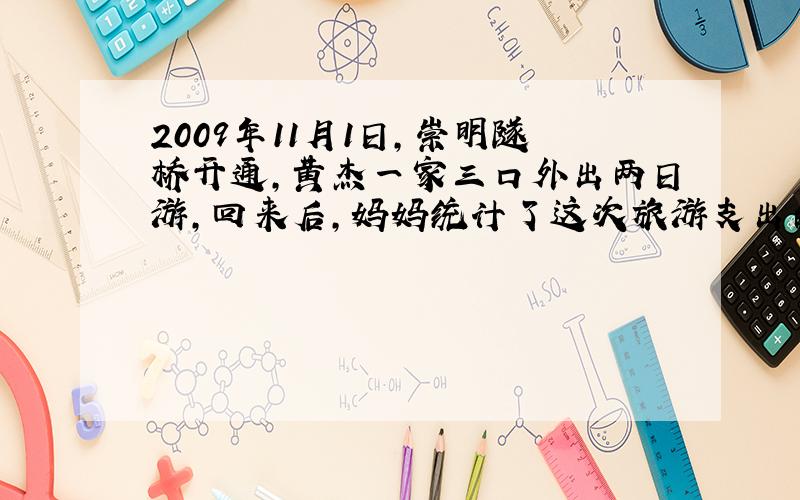 2009年11月1日,崇明隧桥开通,黄杰一家三口外出两日游,回来后,妈妈统计了这次旅游支出的情况.