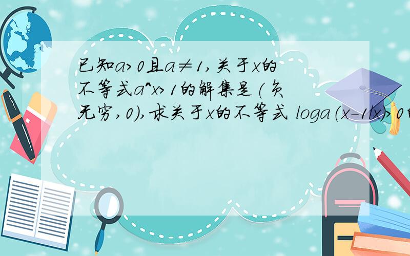 已知a>0且a≠1,关于x的不等式a^x>1的解集是(负无穷,0),求关于x的不等式 loga（x-1/x）＞0的解集