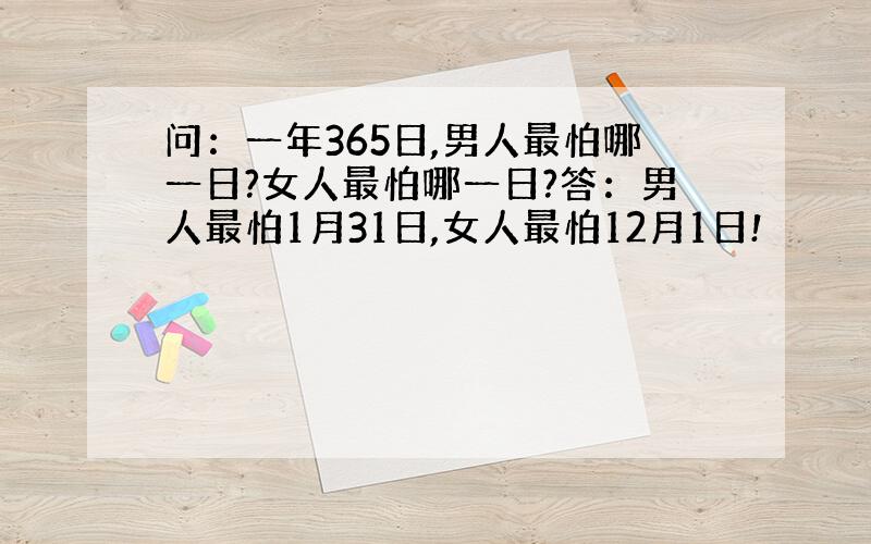 问：一年365日,男人最怕哪一日?女人最怕哪一日?答：男人最怕1月31日,女人最怕12月1日!