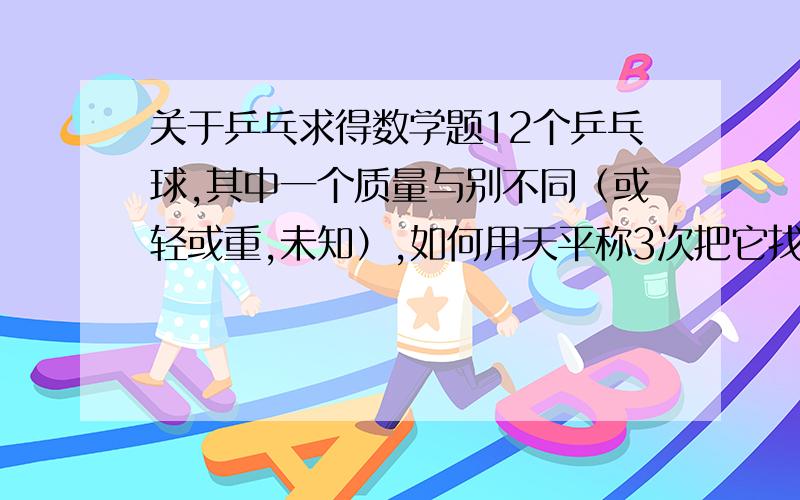 关于乒乓求得数学题12个乒乓球,其中一个质量与别不同（或轻或重,未知）,如何用天平称3次把它找出来?