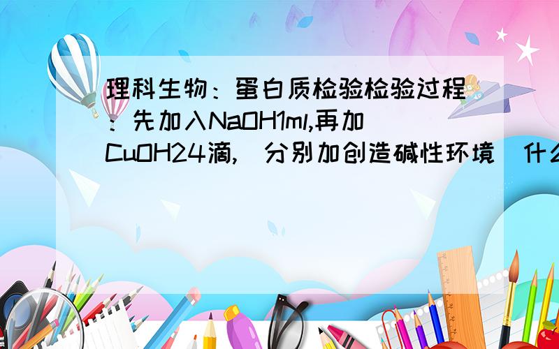 理科生物：蛋白质检验检验过程：先加入NaOH1ml,再加CuOH24滴,（分别加创造碱性环境）什么意思?尤其是括号中的.