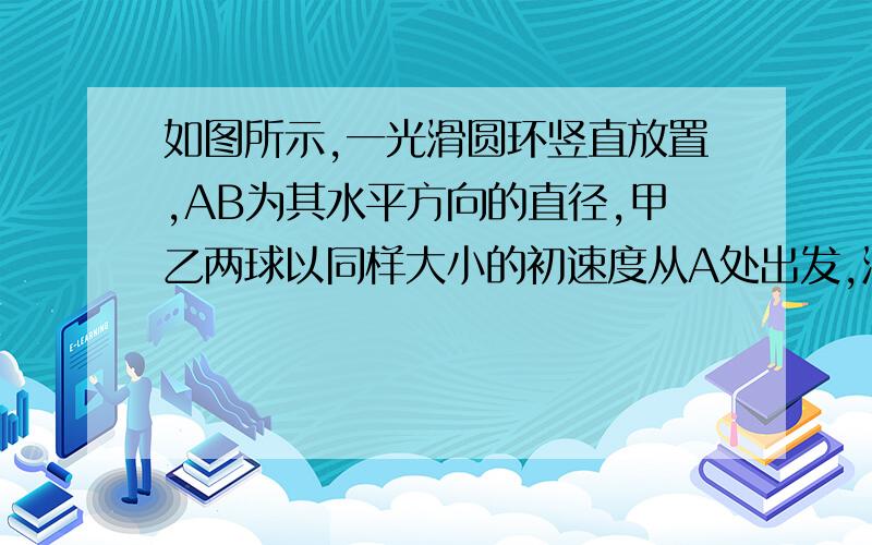 如图所示,一光滑圆环竖直放置,AB为其水平方向的直径,甲乙两球以同样大小的初速度从A处出发,沿环的内侧始终不脱离环运动到