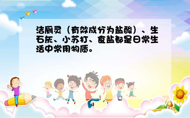 洁厕灵（有效成分为盐酸）、生石灰、小苏打、食盐都是日常生活中常用物质。