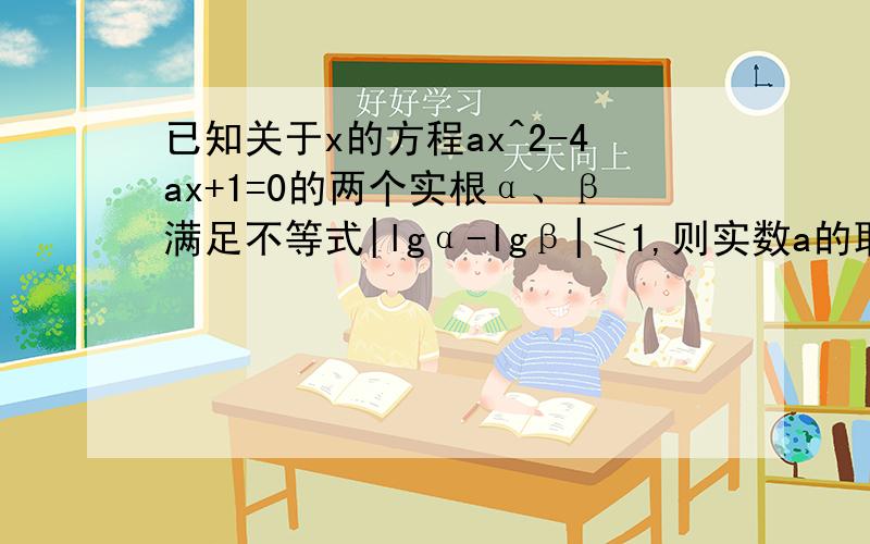 已知关于x的方程ax^2-4ax+1=0的两个实根α、β满足不等式|lgα-lgβ|≤1,则实数a的取值范围是