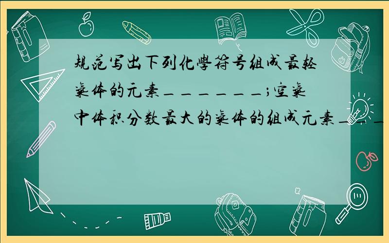 规范写出下列化学符号组成最轻气体的元素______；空气中体积分数最大的气体的组成元素______；铝离子的符号____