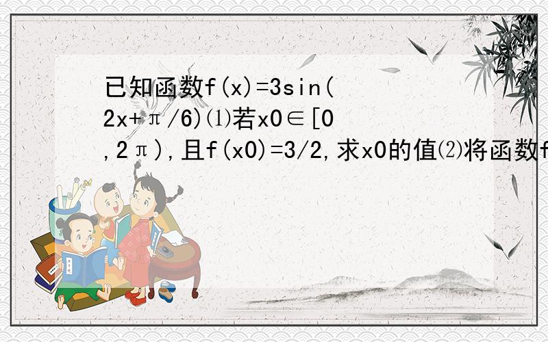 已知函数f(x)=3sin(2x+π/6)⑴若x0∈[0,2π),且f(x0)=3/2,求x0的值⑵将函数f(x)的