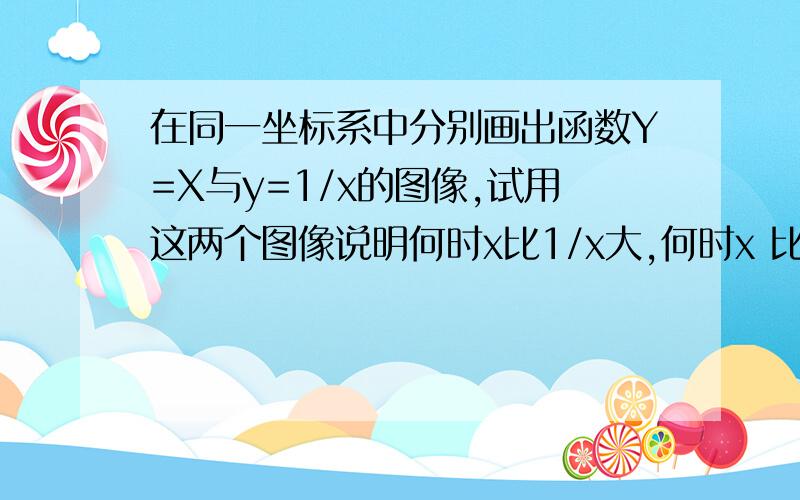 在同一坐标系中分别画出函数Y=X与y=1/x的图像,试用这两个图像说明何时x比1/x大,何时x 比1/x小?