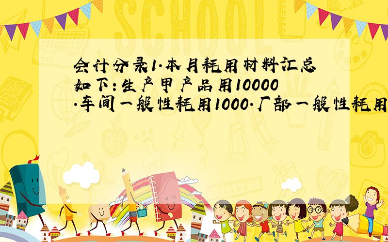 会计分录1.本月耗用材料汇总如下:生产甲产品用10000.车间一般性耗用1000.厂部一般性耗用500元.共计11500