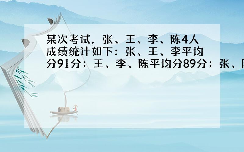 某次考试，张、王、李、陈4人成绩统计如下：张、王、李平均分91分；王、李、陈平均分89分；张、陈平均分95分．那么张得了