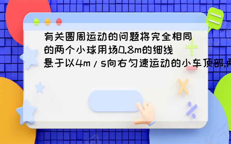 有关圆周运动的问题将完全相同的两个小球用场0.8m的细线悬于以4m/s向右匀速运动的小车顶部,两球与小车前后壁接触,由于