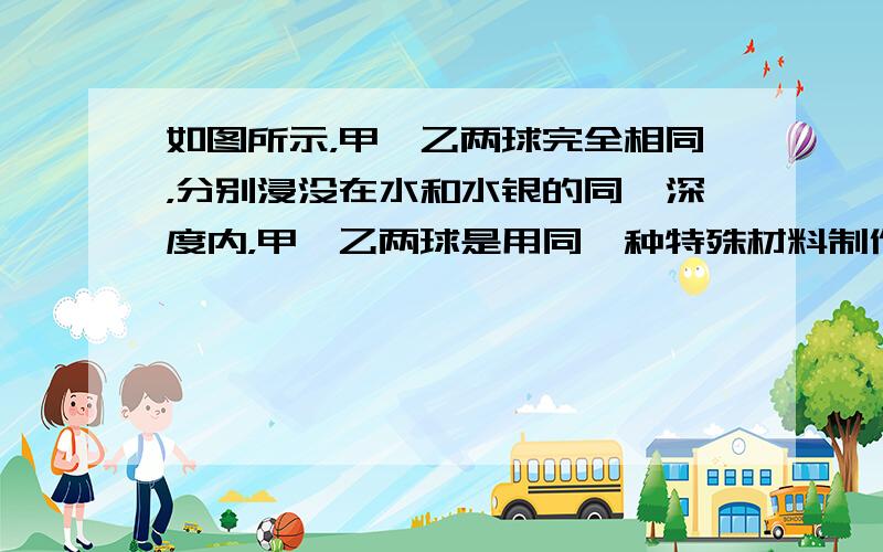 如图所示，甲、乙两球完全相同，分别浸没在水和水银的同一深度内，甲、乙两球是用同一种特殊材料制作的：当温度稍微升高时，球的