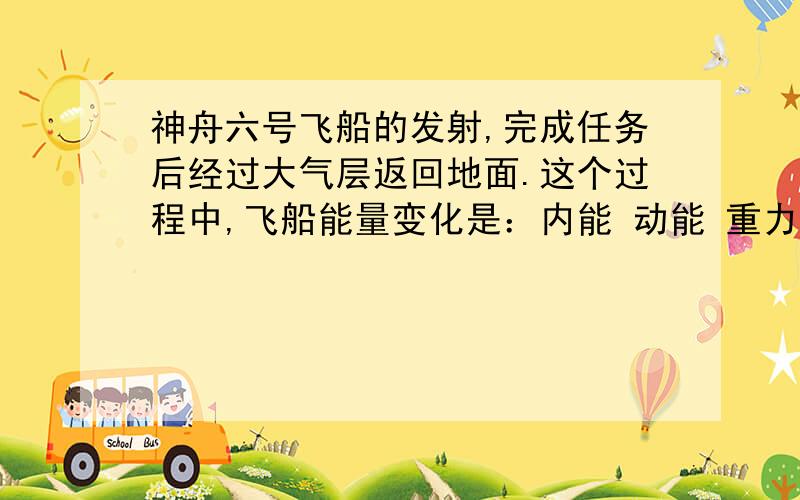 神舟六号飞船的发射,完成任务后经过大气层返回地面.这个过程中,飞船能量变化是：内能 动能 重力势能