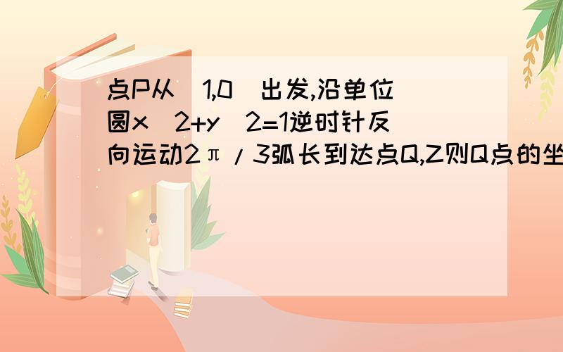 点P从(1,0)出发,沿单位圆x^2+y^2=1逆时针反向运动2π/3弧长到达点Q,Z则Q点的坐标为?