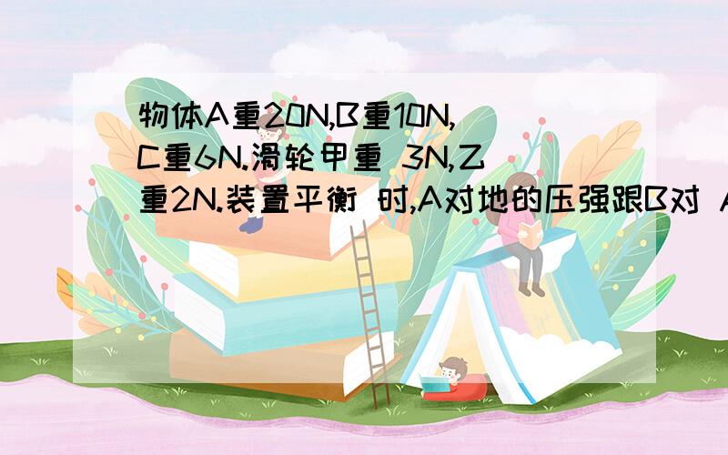 物体A重20N,B重10N,C重6N.滑轮甲重 3N,乙重2N.装置平衡 时,A对地的压强跟B对 A的压强之比 pA∶p