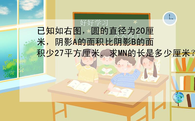 已知如右图，圆的直径为20厘米，阴影A的面积比阴影B的面积少27平方厘米．求MN的长是多少厘米？