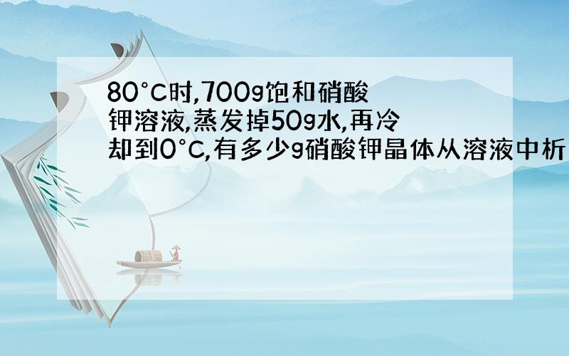 80°C时,700g饱和硝酸钾溶液,蒸发掉50g水,再冷却到0°C,有多少g硝酸钾晶体从溶液中析出?