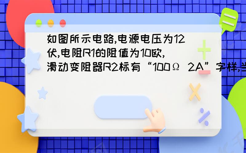 如图所示电路,电源电压为12伏,电阻R1的阻值为10欧,滑动变阻器R2标有“100Ω 2A”字样,当电键S闭合时,电流表