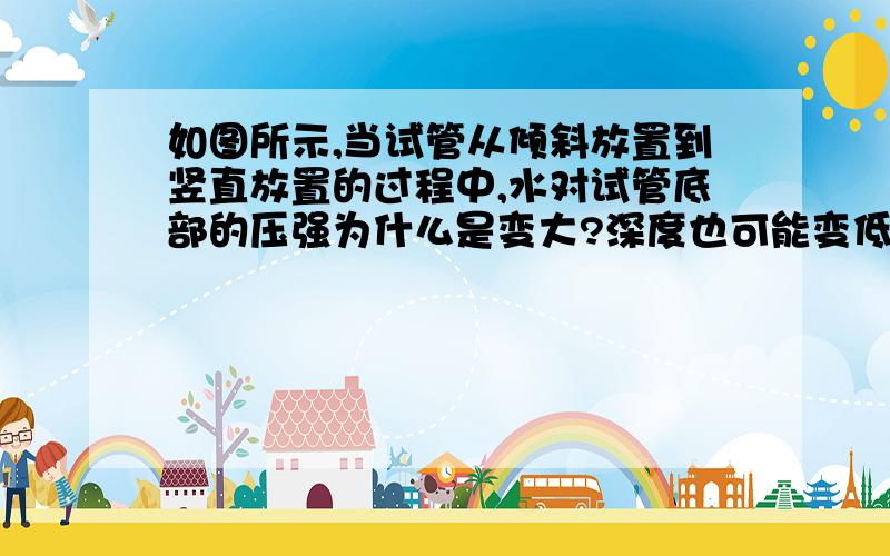 如图所示,当试管从倾斜放置到竖直放置的过程中,水对试管底部的压强为什么是变大?深度也可能变低啊!