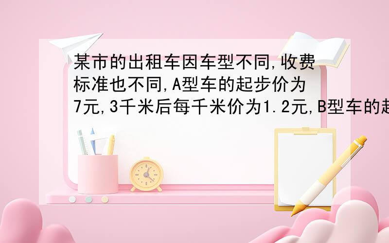 某市的出租车因车型不同,收费标准也不同,A型车的起步价为7元,3千米后每千米价为1.2元,B型车的起步价为5