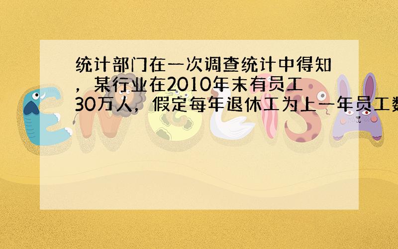 统计部门在一次调查统计中得知，某行业在2010年末有员工30万人，假定每年退休工为上一年员工数的a%，且每年新增员工m万