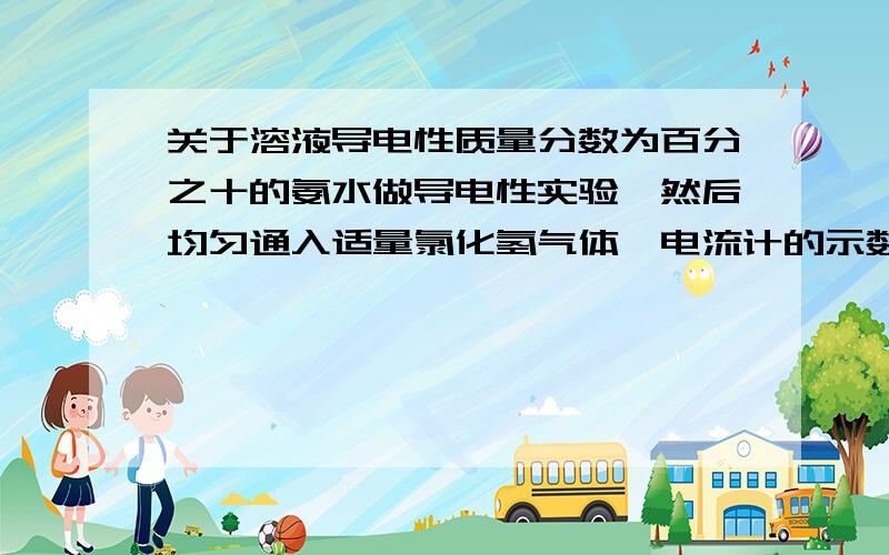 关于溶液导电性质量分数为百分之十的氨水做导电性实验,然后均匀通入适量氯化氢气体,电流计的示数怎么变?其原因是什么?