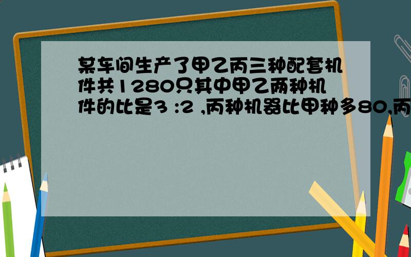 某车间生产了甲乙丙三种配套机件共1280只其中甲乙两种机件的比是3 :2 ,丙种机器比甲种多80,丙几只?