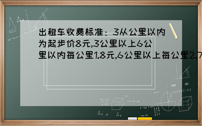 出租车收费标准：3从公里以内为起步价8元,3公里以上6公里以内每公里1.8元,6公里以上每公里2.7元；晚上11：00至