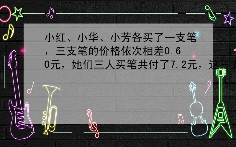 小红、小华、小芳各买了一支笔，三支笔的价格依次相差0.60元，她们三人买笔共付了7.2元，这三支笔的价格分别是多少？