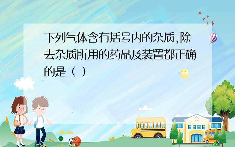 下列气体含有括号内的杂质,除去杂质所用的药品及装置都正确的是（ ）