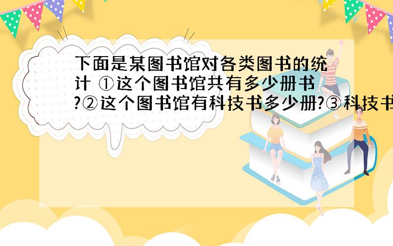 下面是某图书馆对各类图书的统计 ①这个图书馆共有多少册书?②这个图书馆有科技书多少册?③科技书