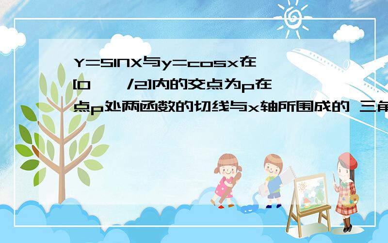 Y=SINX与y=cosx在[0,∏/2]内的交点为p在点p处两函数的切线与x轴所围成的 三角形面积为