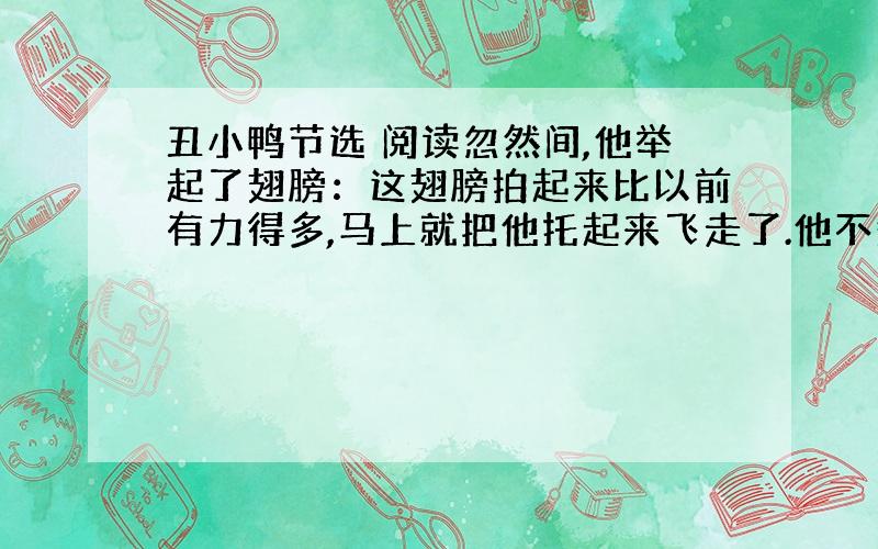 丑小鸭节选 阅读忽然间,他举起了翅膀：这翅膀拍起来比以前有力得多,马上就把他托起来飞走了.他不知不觉地飞进了一座大花园.