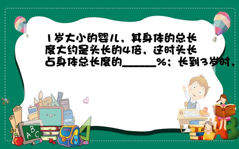 1岁大小的婴儿，其身体的总长度大约是头长的4倍，这时头长占身体总长度的______%；长到3岁时，身体总长度大约是头长的