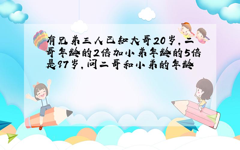 有兄弟三人已知大哥20岁,二哥年龄的2倍加小弟年龄的5倍是97岁,问二哥和小弟的年龄