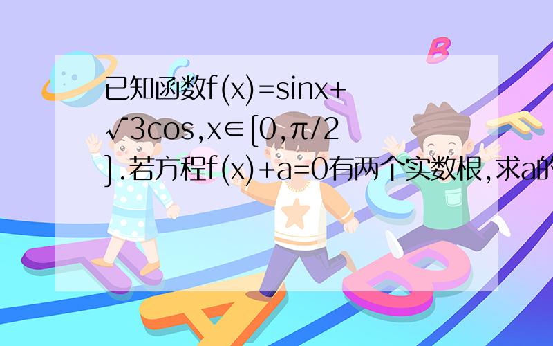 已知函数f(x)=sinx+√3cos,x∈[0,π/2].若方程f(x)+a=0有两个实数根,求a的取值范围