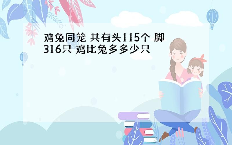 鸡兔同笼 共有头115个 脚316只 鸡比兔多多少只