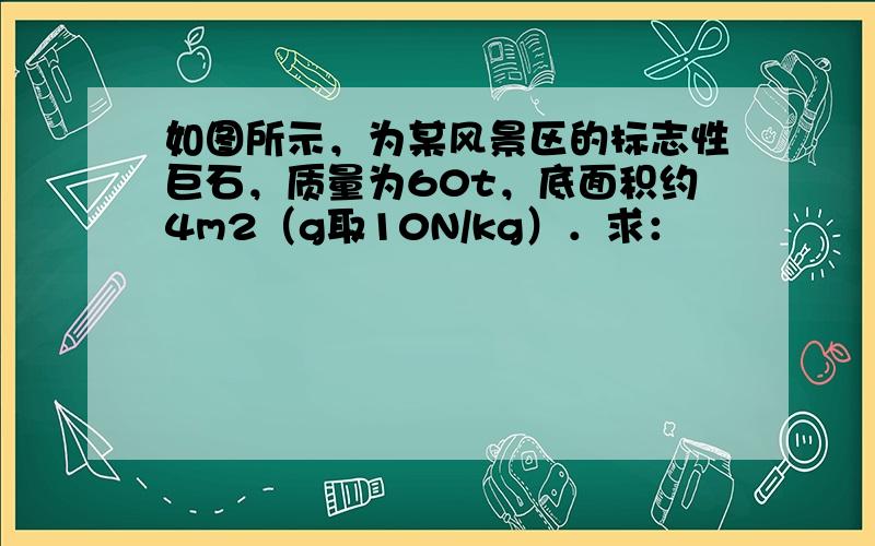 如图所示，为某风景区的标志性巨石，质量为60t，底面积约4m2（g取10N/kg）．求：