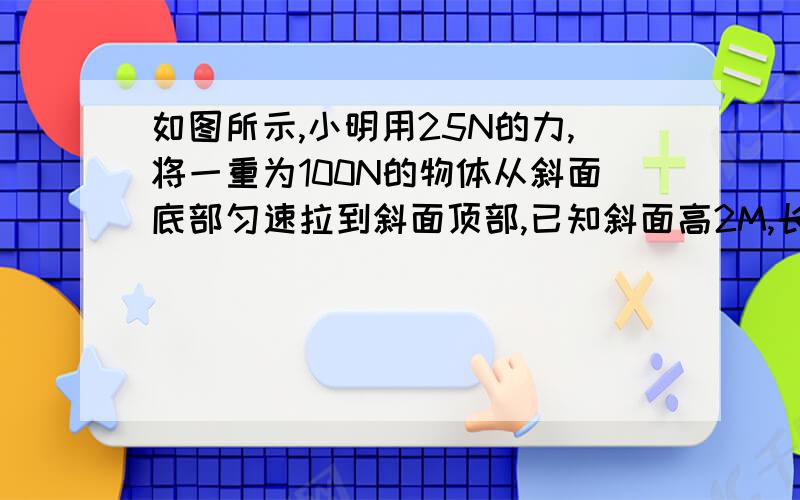 如图所示,小明用25N的力,将一重为100N的物体从斜面底部匀速拉到斜面顶部,已知斜面高2M,长10M,则在整个过程中,