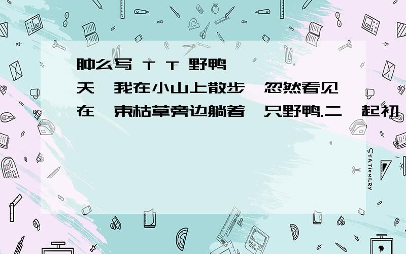 肿么写 T T 野鸭 一、一天,我在小山上散步,忽然看见在一束枯草旁边躺着一只野鸭.二、起初,我以为这只野鸭是害怕被人发