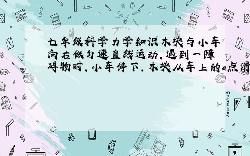 七年级科学力学知识木块与小车向右做匀速直线运动,遇到一障碍物时,小车停下,木块从车上的a点滑至b点（如图甲）,是因为木块