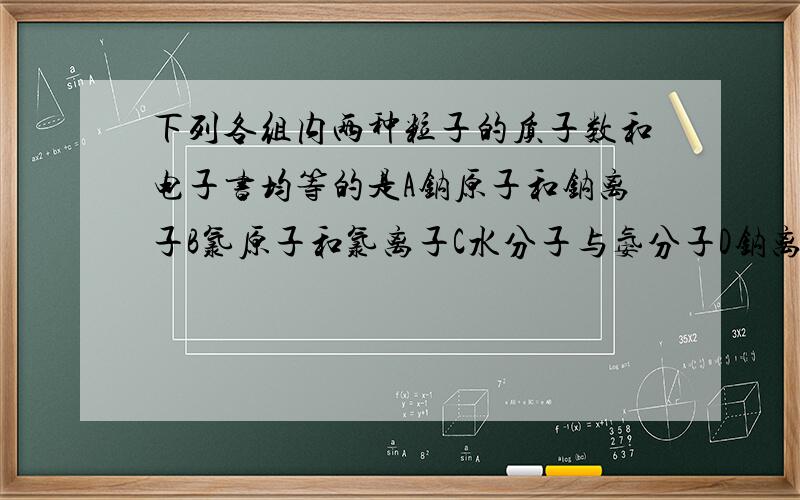 下列各组内两种粒子的质子数和电子书均等的是A钠原子和钠离子B氯原子和氯离子C水分子与氨分子D钠离子与氧