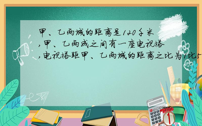 甲、乙两城的距离是120千米,甲、乙两成之间有一座电视塔,电视塔距甲、乙两城的距离之比为1比5,乙城和电视塔之间的距离为