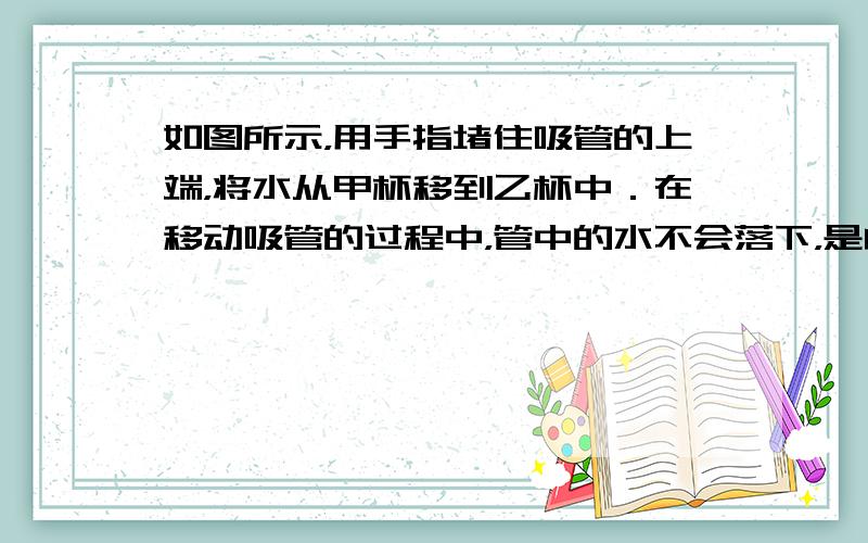 如图所示，用手指堵住吸管的上端，将水从甲杯移到乙杯中．在移动吸管的过程中，管中的水不会落下，是由于______的作用．只