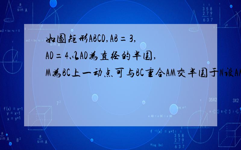 如图矩形ABCD,AB=3,AD=4以AD为直径的半圆,M为BC上一动点可与BC重合AM交半圆于N设AM=X,DN=Y求