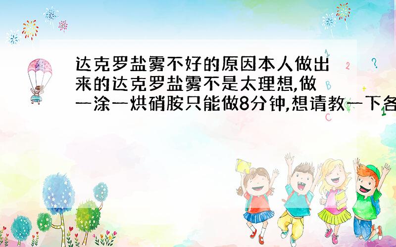 达克罗盐雾不好的原因本人做出来的达克罗盐雾不是太理想,做一涂一烘硝胺只能做8分钟,想请教一下各位专家大概是哪个方面的原因