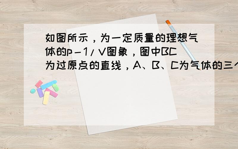 如图所示，为一定质量的理想气体的p－1/V图象，图中BC为过原点的直线，A、B、C为气体的三个状态，则下列说法中正确的是