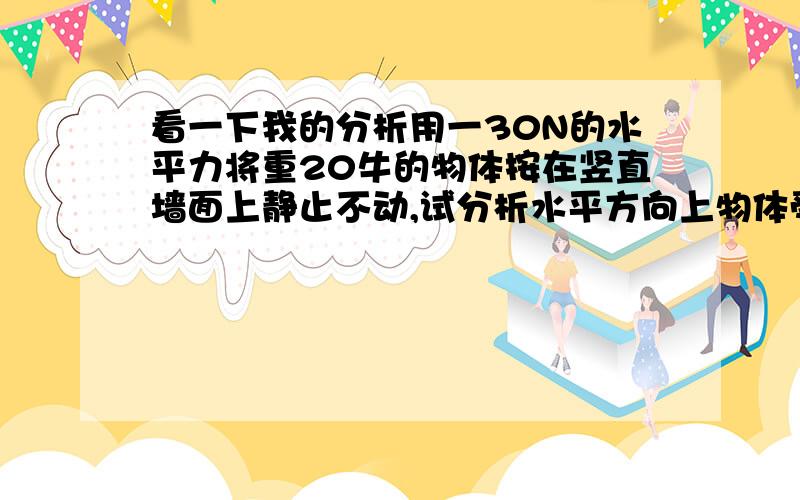 看一下我的分析用一30N的水平力将重20牛的物体按在竖直墙面上静止不动,试分析水平方向上物体受力情况.我觉得是受两个力.