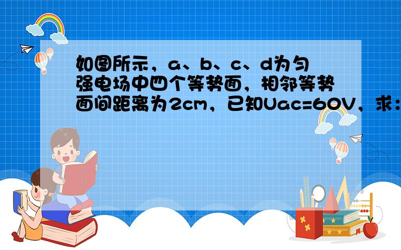 如图所示，a、b、c、d为匀强电场中四个等势面，相邻等势面间距离为2cm，已知Uac=60V，求：