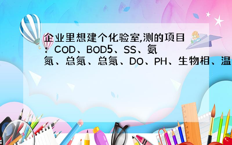 企业里想建个化验室,测的项目：COD、BOD5、SS、氨氮、总氮、总氮、DO、PH、生物相、温度.