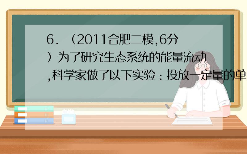 6．（2011合肥二模,6分）为了研究生态系统的能量流动,科学家做了以下实验：投放一定量的单细胞藻类喂养水蚤（通常全部被